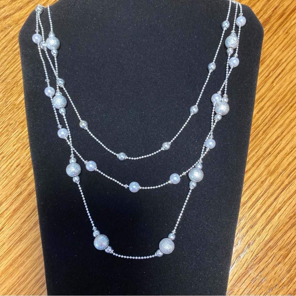 Adjustable Elegant Multi-Strand Silver/Pearl Beaded Necklace 16”-19”